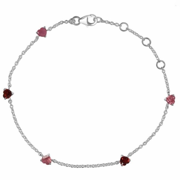 Natural Ruby and Garnet Heart Shape 925 Sterling Silver Dainty Bracelet - Picture 2 of 3
